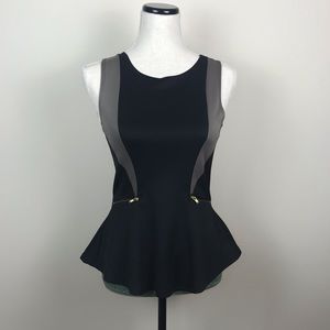 Neutral tones faux zipper pockets peplum top